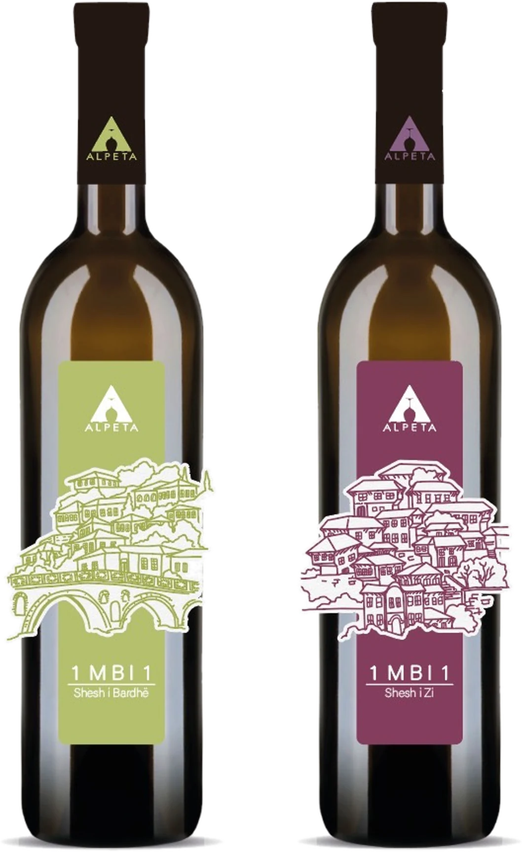 Two bottles of 1 mbi 1: the white Shesh i Bardhë with a light green label and a sketch of Berat's stone bridge, and the red Shesh i Zi with a burgundy label and a sketch of Berat's windowed houses