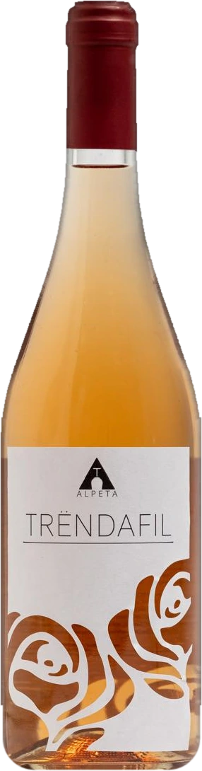 Bottle of Trëndafil rosé with red roses cut into the white label