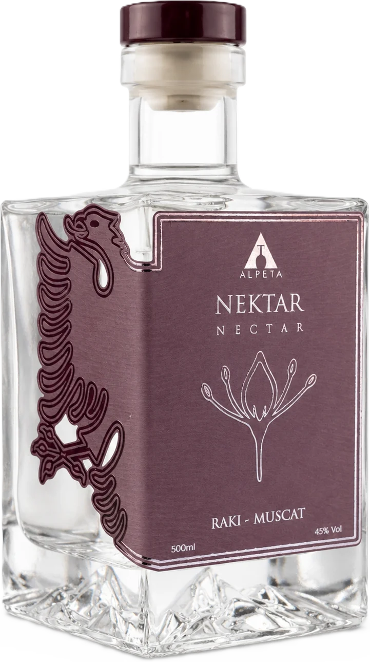 Bottle of Nektar muscat raki: clear spirit in a square decanter with a plum label and a flower sketch