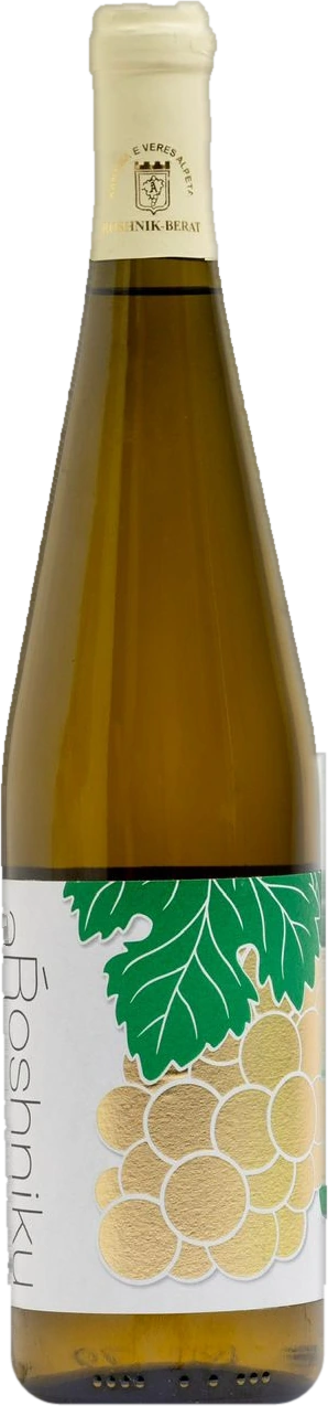 Bottle of a'Roshniku white wine with a green vine leaf and golden grapes on the label