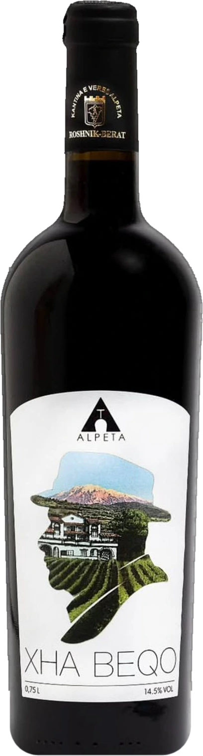 Bottle of Xha Beqo red wine with the silhouette label