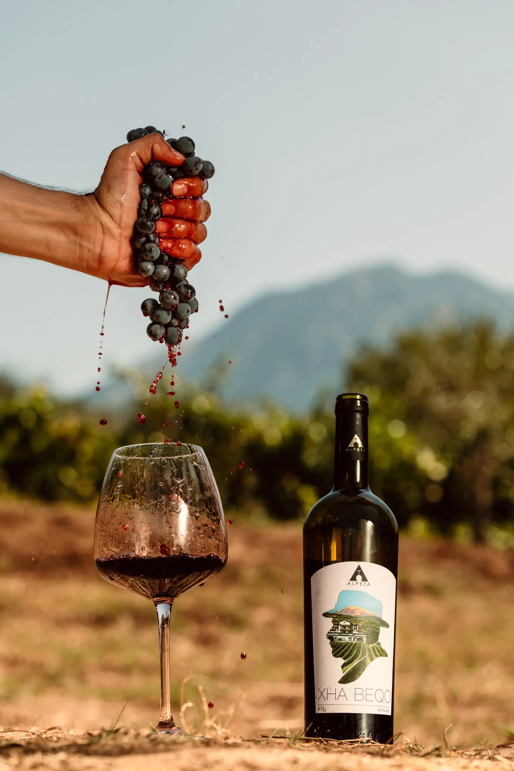 A hand squeezing a bunch of red grapes, the juice falling into a glass beside a bottle of Xha Beqo